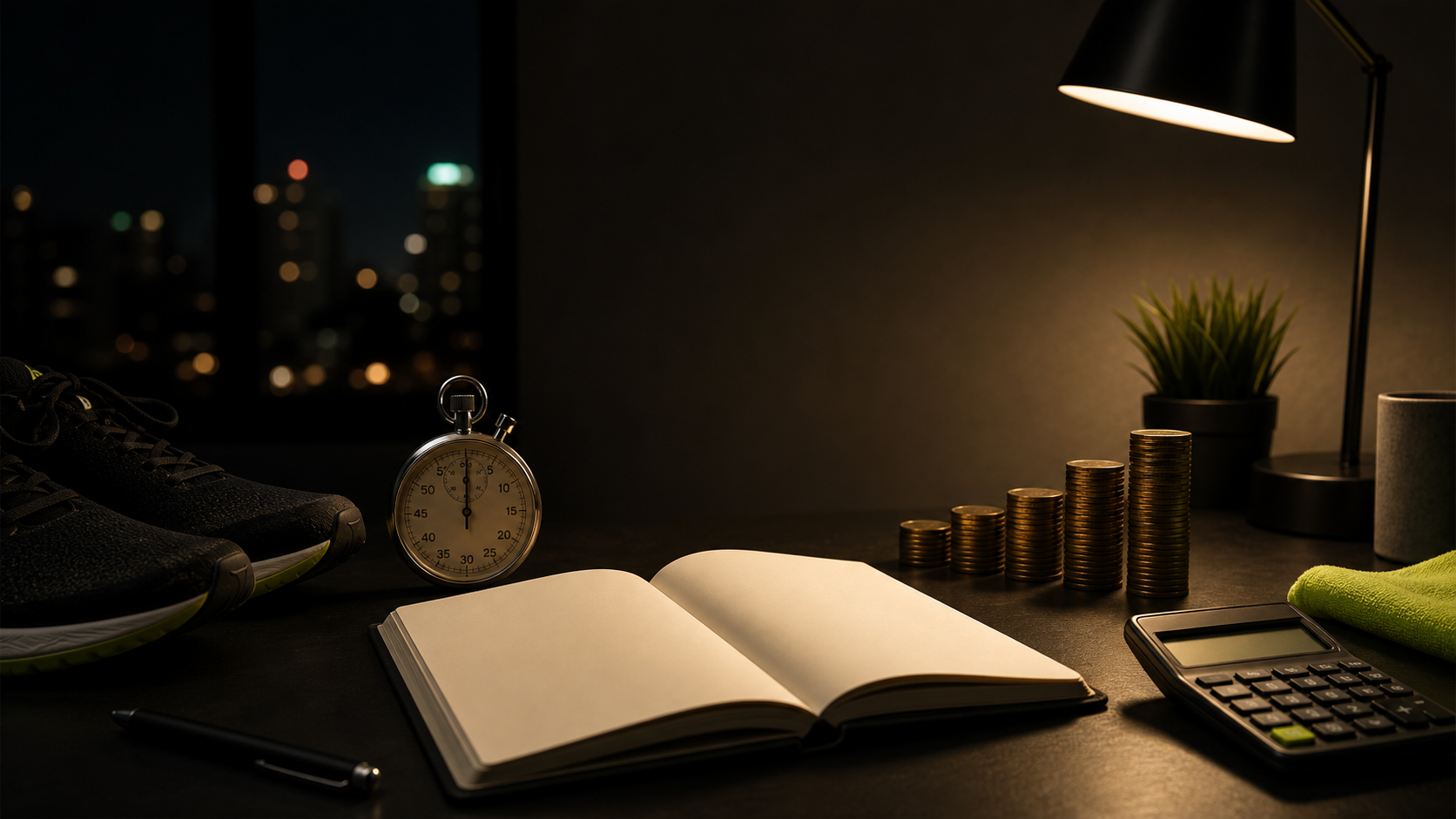 Anonymous desk scene with time, study, and sport symbols.